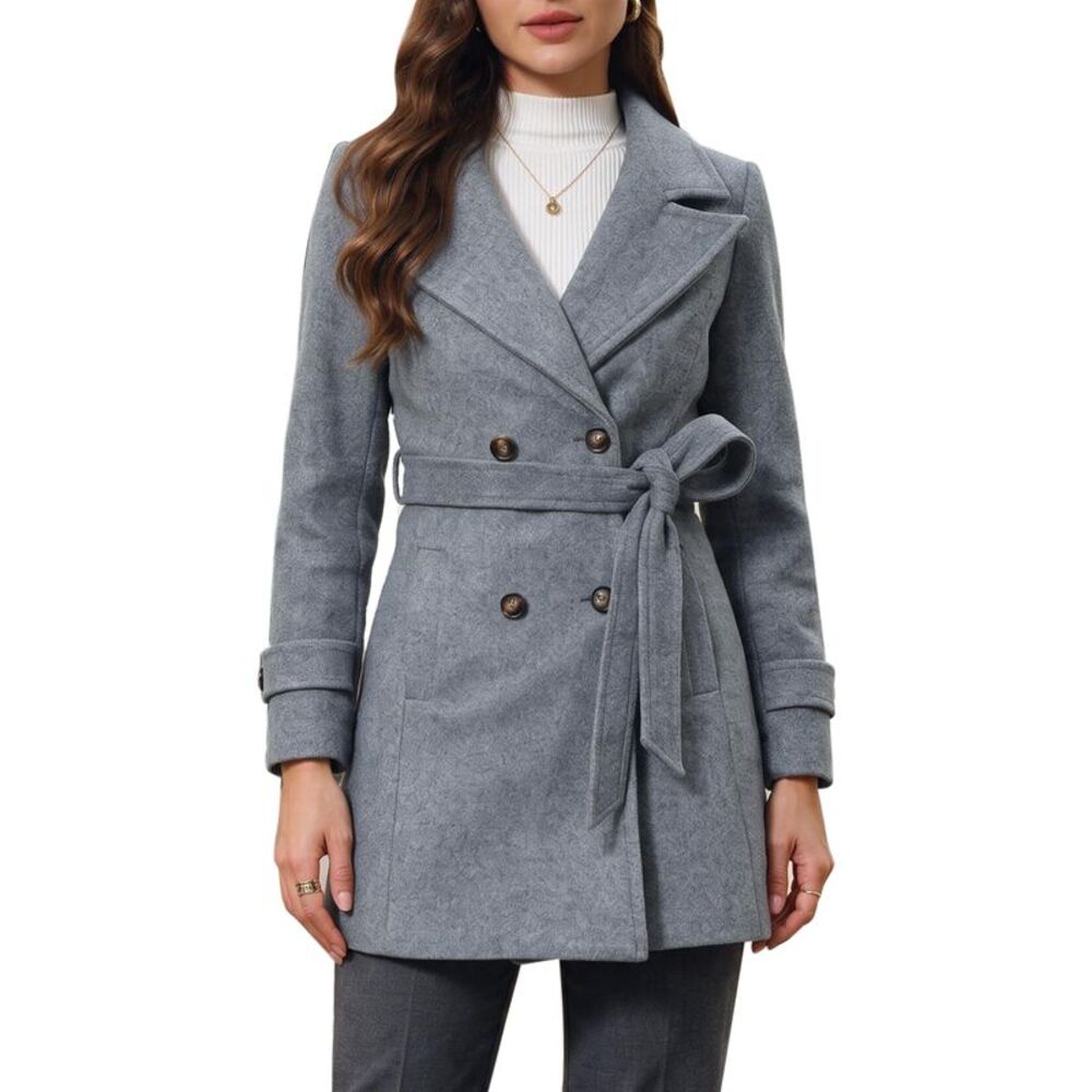 Women's Winter Pea Coat Belted Lapel Collar Elegant Trench Coats Gray